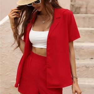 2 Piece Red Coord Shorts and Button Down Top